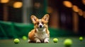 corgi on the tennis court with tennis balls