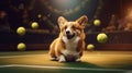 corgi on the tennis court with tennis balls