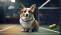 corgi on the tennis court with tennis balls