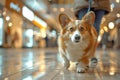 Corgi walking confidently in a brightly lit shopping mall.