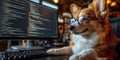 Corgi wearing glasses coding at computer in cozy office setting