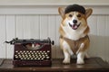 corgi wearing suspenders and a flat cap beside an old typewriter