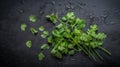 Coriander on black, flat lay, top view, AI generative