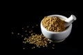 Coriander Powder and seeds with mortar and pestle on black background Royalty Free Stock Photo