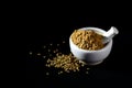 Coriander Powder and seeds with mortar and pestle on black background Royalty Free Stock Photo