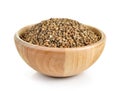 Coriander seed in the wood bowl on white background