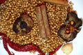 Coriander seeds, dried garcinia, cinnamon sticks and dried chillies Royalty Free Stock Photo