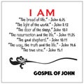 Jesus` I AM vector statements on white in gospel of John in the Bible`s new testament. I am the way, truth, life, vine, resurrecti