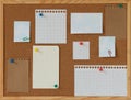 cork board with blank papers wooden frame. notes. colourful pin and paperclips . reminder. pin board. isolated. new year\'s Royalty Free Stock Photo