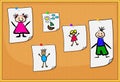 Cork board with kids drawings. sheets of paper with pictures of baby. Hand drawn illustration of pin board with draws. infants Royalty Free Stock Photo