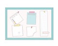 Cork board papers, to do list, notes, push pins, lights. Flat vector illustration blue frame mood board. Royalty Free Stock Photo
