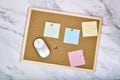 Cork board pin with blank sticky note, Post it adhesive paper for office memo Royalty Free Stock Photo