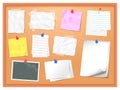 Cork board with pinned notes. Vector pin memo for office note