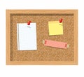 Cork board with pinned paper notepad sheets realistic vector illustration.