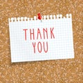 Cork board with a pinned sheet of paper in a cage. `thank you` inscription on a piece of paper. seamless background cork board Royalty Free Stock Photo