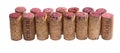 Cork from bottles of red wine from the region Rioja isolated. Corks laid out in several rows Royalty Free Stock Photo