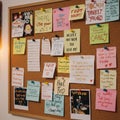 Cork bulletin board filled with colorful sticky notes and pinned papers. Notes display Royalty Free Stock Photo