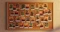 A cork bulletin board with a wooden frame hangs on a beige wall covered in colorful photographs arranged in a grid pattern with Royalty Free Stock Photo