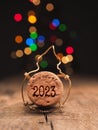 Cork of champagne bottle with inscription Happy New Year 2023, New Year concept Royalty Free Stock Photo