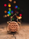 Cork of champagne bottle with inscription Happy New Year 2022 Royalty Free Stock Photo