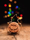 Cork of champagne bottle with inscription Happy New Year , New Year concept Royalty Free Stock Photo