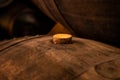 Cork close up, old porto lodge with rows of oak wooden casks for slow aging of fortified ruby or tawny porto wine in Vila Nova de Royalty Free Stock Photo