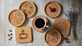 Cork coasters with diverse geometric patterns are arranged on a wooden surface Royalty Free Stock Photo