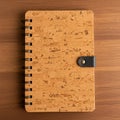 Cork-covered notebook with a black spiral binding and a black leather strap with a Royalty Free Stock Photo