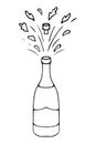 The cork flew out of the champagne bottle. Sprays fly in different directions. Doodle style Royalty Free Stock Photo