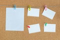 Cork memory board with blank peaces of paper hanging on rope with clothes pin and pinned on the  board, horizontal Royalty Free Stock Photo