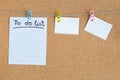 Cork memory board with blank peaces of paper hanging on rope with clothes pin, to do list, horizontal