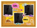 Cork notice board with photo frames, patches or stickers, sticky notes and scotch tape. Vector.