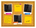 Cork notice board with photo frames, sticky notes, push pins and scotch tape. Vector.