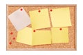 Cork pinboard with several pinned sheets of yellow paper