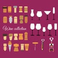 Cork stoppers collection. Different types and forms bungs and plugs for alcohol bottles.Tailspin for opening and various wine glas Royalty Free Stock Photo