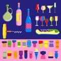 Cork stoppers and wine collection in pop art style. Different types and forms bungs and plugs,alcohol bottles.Tailspin and various