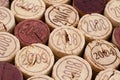 Cork wine bottle tops arranged tightly to each other. Closeup Royalty Free Stock Photo