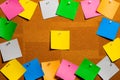 Corkboard/Bulletin Board with a group of various colored sticky notes bordering a central open cork area perfect for Copywriting Royalty Free Stock Photo