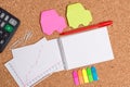 Corkboard desk with a open square paper spiral notebook and office appliances. Billboard table with different sizes and
