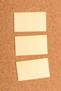 Corkboard desk with three vertical empty sticker notes, office appliances and study supplies. Billboard with upright