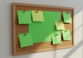 Corkboard with a wooden frame featuring several green sticky notes attached. Notes Royalty Free Stock Photo