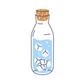 Corked glass bottle with clean pure sparkling water and ice cubes. Fresh clear cold carbonated aqua drink, refreshment