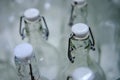 Corked glass bottle necks, close-up. Detail of the neck of glass bottles with a porcelain stopper Royalty Free Stock Photo