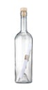 Corked glass bottle with rolled letter isolated on white Royalty Free Stock Photo