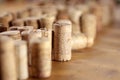 Corks arranged on wooden desk Royalty Free Stock Photo