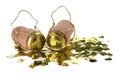 Corks of sparkling wine with muselet caps and shiny golden confetti on white background