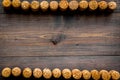 Corks of wine bottles pattern on dark wooden background top view copyspace Royalty Free Stock Photo
