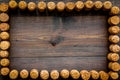 Corks of wine bottles pattern on dark wooden background top view copyspace Royalty Free Stock Photo