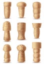 Corks wine stopper. Set corkwood plugs. Wine stoppers of different shapes. Wooden bungs for bottle, equipment for