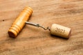A corkscrew and a cork with 2023 number on a wooden background